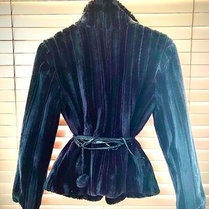 Black faux-fur soft jacket with faux-leather belt
